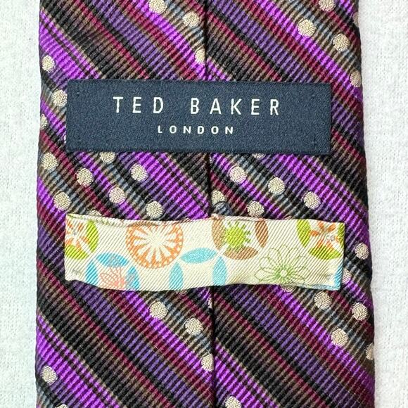 TED BAKER London Mens 100% Silk 60”x3”  Necktie Designer EUC Purple Dots Tie - Picture 5 of 6